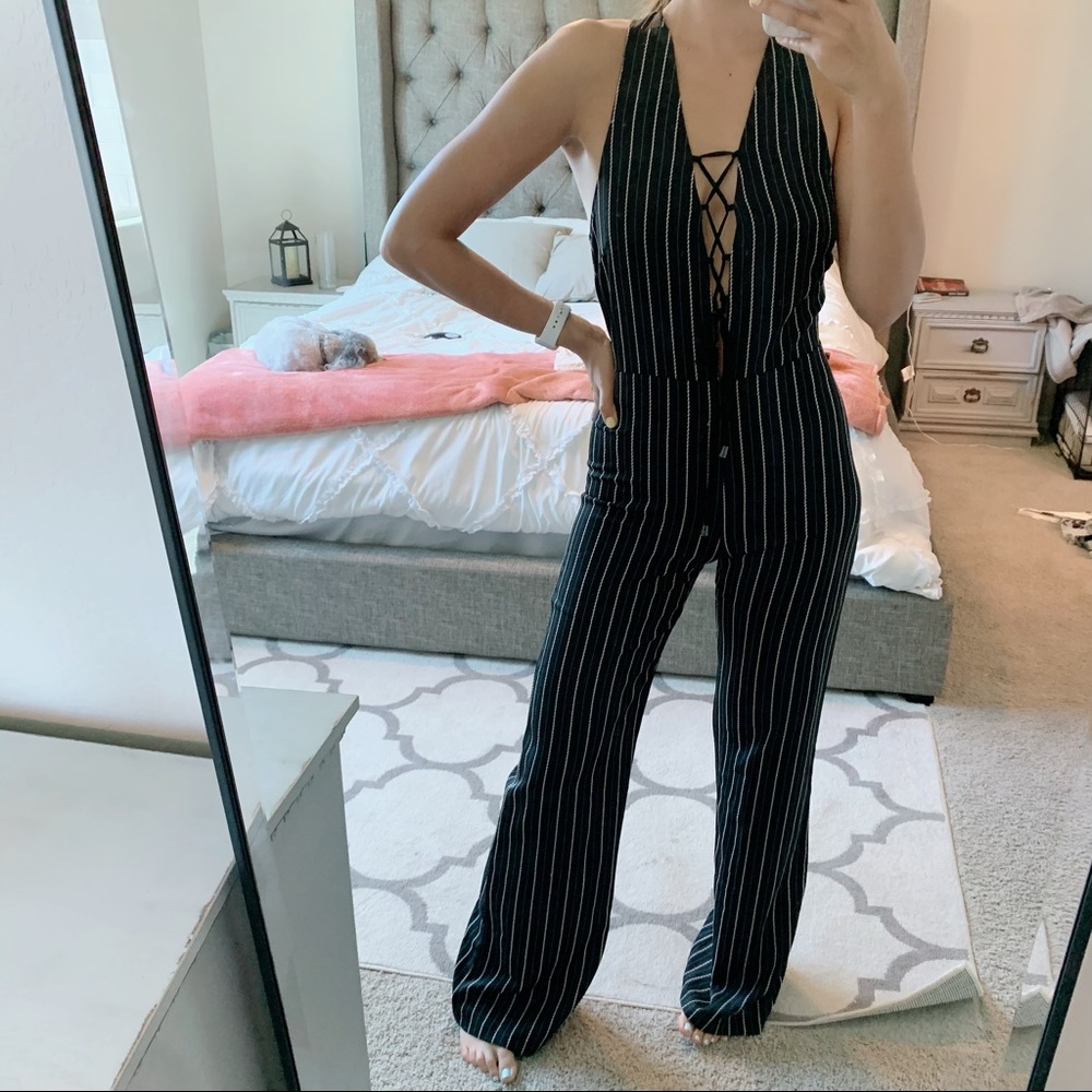 NWT FashionNova Black+White Stripe Jumpsuit